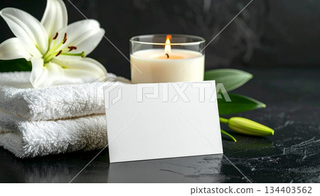 Blank Gift Voucher with Scented Candle, Luxurious Towel, and Lily 134403562