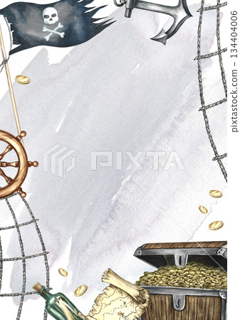 Pirate theme frame. Hand-drawn watercolor illustration. Treasure chest, steering wheel, anchor, pirate flag. On a gray watercolor background. For postcards, posters, flyers, and more. Pirate theme frame. Hand-drawn watercolor illustration. Treasure chest, steering wheel, anchor, pirate flag. On a gray watercolor background. For postcards, posters, flyers, and more. 134404006