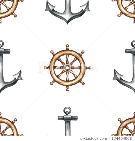 Seamless pattern with ship's wheels and anchors. Hand-drawn watercolor illustrations. Colorful image. For textiles, wrapping paper, packaging, backgrounds, and more. Seamless pattern with ship's wheels and anchors. Hand-drawn watercolor illustrations. Colorful image. For textiles, wrapping paper, packaging, backgrounds, and more. 134404008