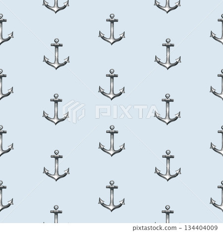 Seamless pattern with ship anchors. Hand-drawn watercolor illustrations. On a blue background. For textiles, wrapping paper, packaging, backgrounds, and more. Seamless pattern with ship anchors. Hand-drawn watercolor illustrations. On a blue background. For textiles, wrapping paper, packaging, backgrounds, and more. 134404009