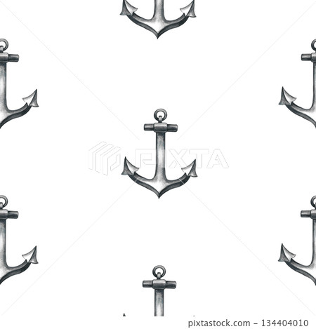 Seamless pattern with ship anchors. Hand-drawn watercolor illustrations. For textiles, wrapping paper, packaging, backgrounds, and more. 134404010