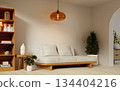 Contemporary living space with natural elements and minimalist decor. 3D render illustration 134404216