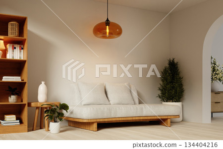 Contemporary living space with natural elements and minimalist decor. 3D render illustration Contemporary living space with natural elements and minimalist decor. 3D render illustration 134404216