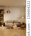 Modern minimalist living room setup with stylish furniture. 3D render illustration 134404222