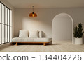 Elegant and modern living room with soft textures and airy design. 3D render illustration 134404226