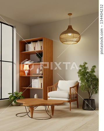 Stylish reading nook in a modern home creating a serene atmosphere. 3D render illustration 134404232
