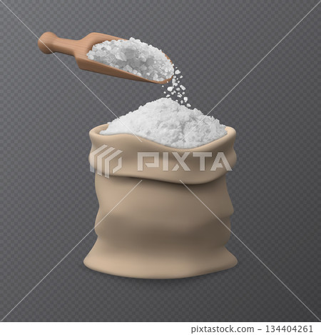 Realistic salt or sugar crystals pouring from wooden scoop, spoon on bag, 3d vector white natural mineral grains package 134404261