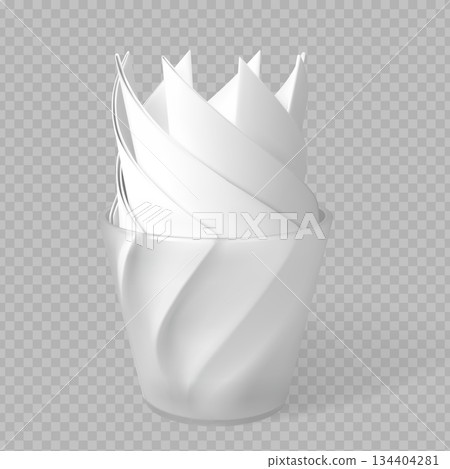 3D glass cup with white paper napkins folded into triangles. 3D glass cup with white paper napkins folded into triangles. 134404281