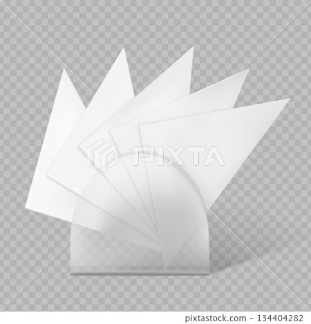 3D realistic triangular white napkins in a transparent round holder. 3D realistic triangular white napkins in a transparent round holder. 134404282