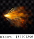 Gun shot with orange fire and smoke effect, weapon firing blast, vector realistic gun explosion flash shoot flame trail 134404296