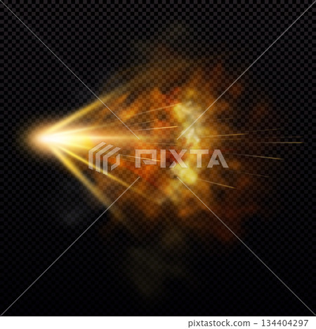 A realistic flaming smoke trail from a gunshot, with a glowing effect and sparks. A realistic flaming smoke trail from a gunshot, with a glowing effect and sparks. 134404297