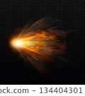 Gun shot with orange fire and smoke effect, weapon fiery blast trail, vector realistic flying bullet gun explosion flash 134404301