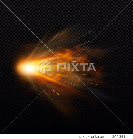 Gun shot with orange fire and smoke effect, weapon fiery blast trail, vector realistic flying bullet gun explosion flash Gun shot with orange fire and smoke effect, weapon fiery blast trail, vector realistic flying bullet gun explosion flash 134404301
