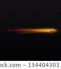 Golden bullet with a fiery trail, smoke, and a bright glow effect. 134404303