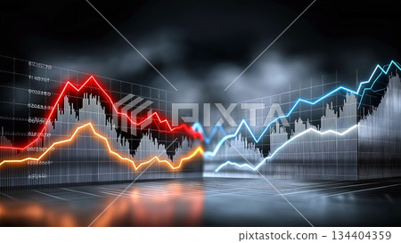 Financial data showing stock market trends and economic growth with rising and falling investment charts illustrating business analysis and global finance concepts 134404359