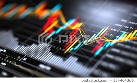 Financial market trading displaying data visualization of stock prices and investment trends with colorful candlestick charts and dynamic lines on a digital screen 134404366