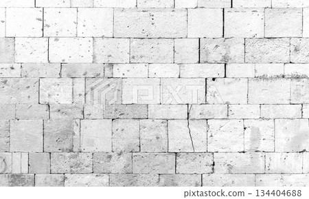 Front view of a white shell rock stone brick wall showcasing its rustic rough texture Front view of a white shell rock stone brick wall showcasing its rustic rough texture 134404688