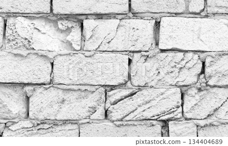 Close-up photo of a white shell rock stone brick wall showcasing its rustic rough texture Close-up photo of a white shell rock stone brick wall showcasing its rustic rough texture 134404689