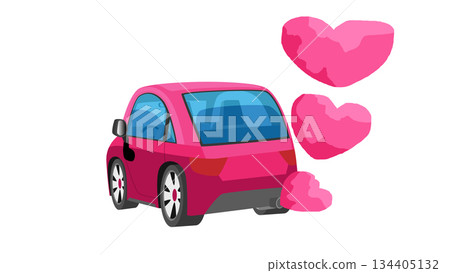 Cute pink cartoon car rear view with heart shaped smoke clouds from exhaust pipe, isolated on white background. Vector illustration concept for love, romance and Happy Valentine's day journey. 134405132