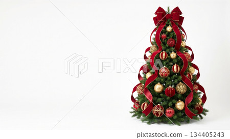 白色背景上的復古風格聖誕樹，飾以寶石紅色絲帶 134405243