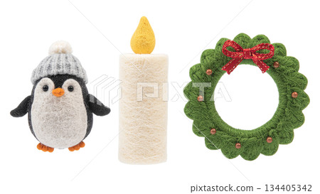 Cute Needle Felted Penguin and Christmas Wreath Set Isolated 134405342