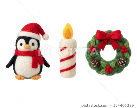 Cute Needle Felted Penguin and Christmas Wreath Set Isolated 134405359