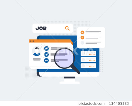 Online job search hiring recruitment platform connects employers and candidates. Digital job portals with vacancy listings, supporting selection workflow, modern career matching. Vector illustration 134405383