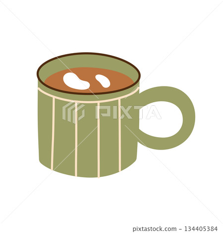 Flat cartoon vector illustration of cozy ceramic mug with coffee or tea, warm home atmosphere, simple minimal style, calm comfort mood for cafe graphics, cozy decor projects, hot beverage icon Flat cartoon vector illustration of cozy ceramic mug with coffee or tea, warm home atmosphere, simple minimal style, calm comfort mood for cafe graphics, cozy decor projects, hot beverage icon 134405384