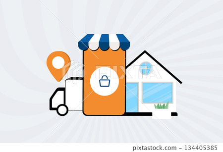 Location-based logistics delivery with tracking route optimization. Business transportation package home service, gps map navigation marker house icon fleet courier planning efficiency illustration 134405385