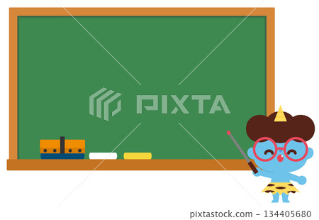 Illustration of a blue demon with glasses explaining on a blackboard Illustration of a blue demon with glasses explaining on a blackboard 134405680
