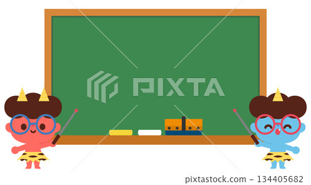 Illustration of a red and blue demon with glasses explaining on a blackboard Illustration of a red and blue demon with glasses explaining on a blackboard 134405682