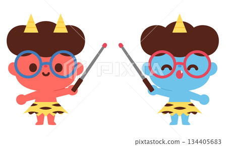 Illustration of red and blue demons wearing glasses explaining 134405683