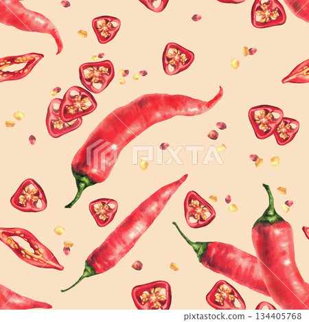 Chili pepper seamless pattern. Watercolor painted Red whole vegetables and cut pods round sliced with seeds. Spicy seasoning for food fabric, packaging. Illustration on Isolated beige background Chili pepper seamless pattern. Watercolor painted Red whole vegetables and cut pods round sliced with seeds. Spicy seasoning for food fabric, packaging. Illustration on Isolated beige background 134405768