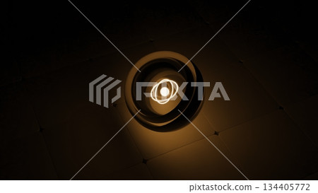 Luminous atomic energy sphere spinning on a grid floor 134405772