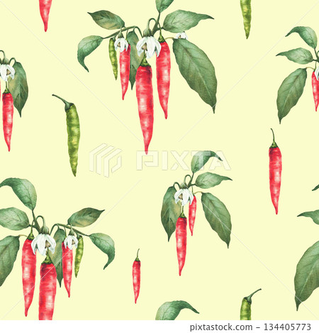 Watercolor chili peppers seamless pattern. Hand drawn Red and green spicy chilli plant pods branches with leaves and flowers. Botanical fabric, wallpaper. Isolated illustration on yellow background Watercolor chili peppers seamless pattern. Hand drawn Red and green spicy chilli plant pods branches with leaves and flowers. Botanical fabric, wallpaper. Isolated illustration on yellow background 134405773