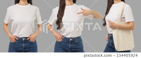 Model in casual wear, bag in hand, hands on hips 134405924