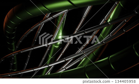 Abstract green and metal tubes moving together Abstract green and metal tubes moving together 134405958