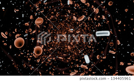 Red blood cells and bacteria flowing inside artery 134405961