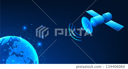 Satellite Technology Background, Space Satellite Transmitting Signal to Earth, Global Network Connection Lines, Data Communication from Outer Space Reflecting Back to Earth, Worldwide Distribution 134406060