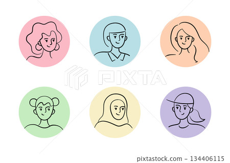 Flat cartoon vector illustration set of female face avatars with clean lines, women and girls with different looks and personalities, minimal portraits for apps, profiles and social projects Flat cartoon vector illustration set of female face avatars with clean lines, women and girls with different looks and personalities, minimal portraits for apps, profiles and social projects 134406115