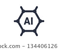 An icon featuring six carbon atoms arranged in a regular hexagon, a benzene ring representing the bond, and AI. Organic chemistry and AI. 134406126