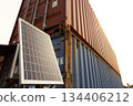 Solar Panel Installed on Industrial Shipping Container for Renewable Energy, Sustainable Power Generation and Clean Technology Concept 134406212
