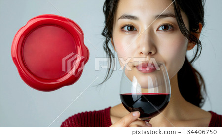 日本女子飲用紅酒，酒標設計背景，生成式人工智慧 134406750