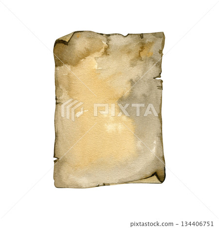Hand painted watercolor aged paper sheet with irregular edges and soft stains. Perfect for vintage backgrounds, antique letters, journals, medieval manuscripts, fantasy projects, invitations, prints 134406751