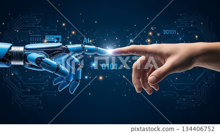 Blue robotic hand touching human finger with digital background human hand 134406752