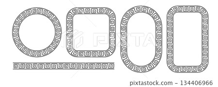 Greek doodle frames set. Hand drawn roman circle, oval and rectangle frame. Greek or Roman ancient motif border design. Ancient ornament elements. Vector illustration isolated on white background Greek doodle frames set. Hand drawn roman circle, oval and rectangle frame. Greek or Roman ancient motif border design. Ancient ornament elements. Vector illustration isolated on white background 134406966