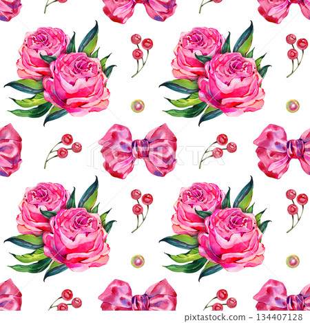 Seamless watercolor pattern with sweet cake slices, pearls, berries and flowing red ribbons. Playful hand painted design for bakery packaging, wrapping paper, textiles, stationery and festive decor. Seamless watercolor pattern with sweet cake slices, pearls, berries and flowing red ribbons. Playful hand painted design for bakery packaging, wrapping paper, textiles, stationery and festive decor. 134407128