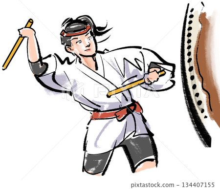 A woman playing a taiko drum A woman playing a taiko drum 134407155