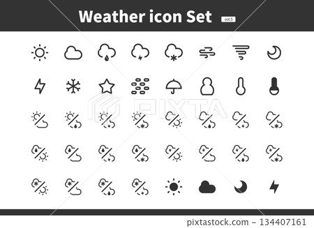 Weather icon set (simple, line drawing, monochrome) 134407161