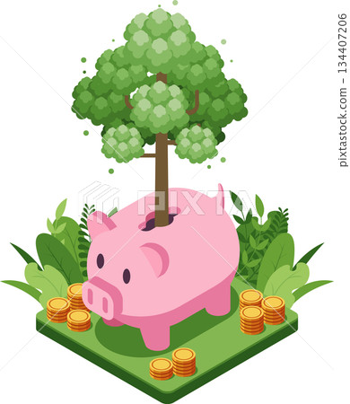 Isometric Piggy Bank with a Growing Tree Isometric Piggy Bank with a Growing Tree 134407206